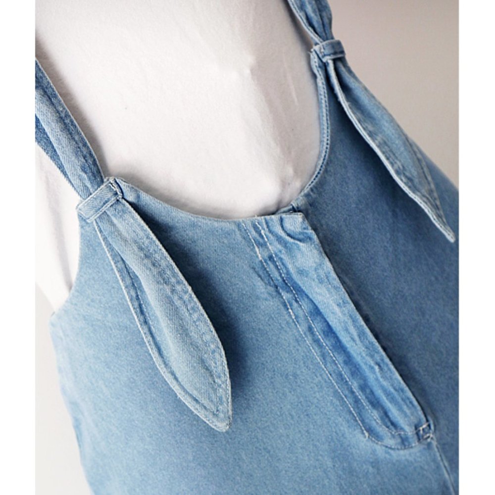 Denim Blue Cotton Wide Leg Crop Overall Jumpsuit - Picture 4 of 8